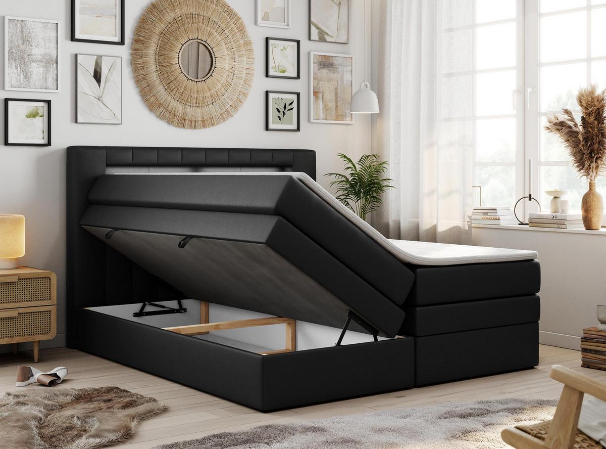 BOXSPRINGBETT GOLD-5 KING LED 120/200 Schwarz Kunstleder - H4 - Schwarz, Holz/Textil (120/200cm) - MKS