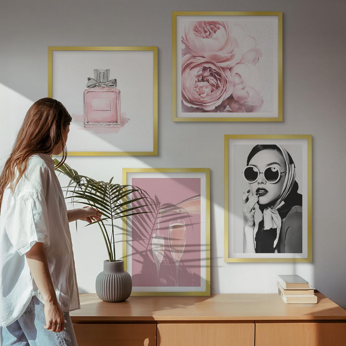 BILDER SET 4er Set - 50x50 cm & 40x60 cm Goldrahmen - Stilvolle pinkfarbene Accessoires - Goldfarben, Kunststoff (50/50cm) - TULUP