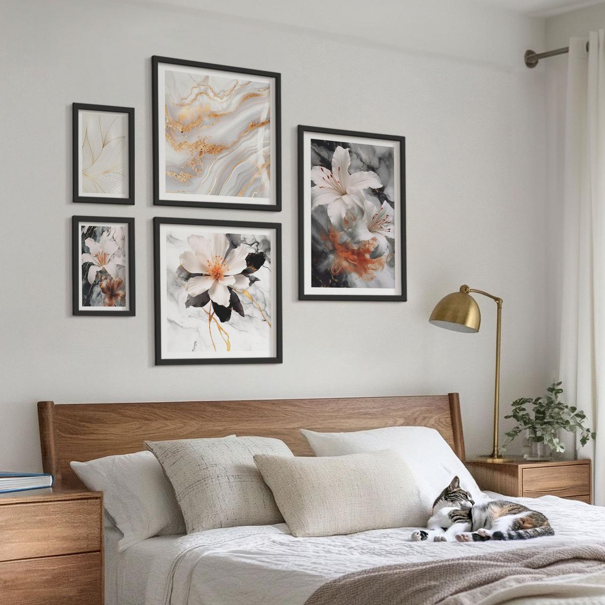 BILDER SET 5er Set - 50x50 cm & 20x30 cm & 40x60 cm Schwarzer Rahmen - Blumen Marmor weiß schwarz - Schwarz, Kunststoff (40/60cm) - TULUP
