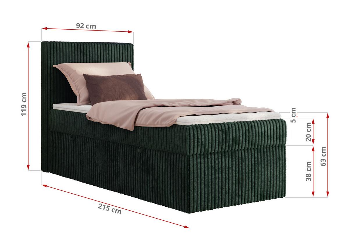 BOXBETT TILIANO 90/200 - Dunkelgrün Cord - H3 - Visco Topper - Links - Dunkelgrün, Textil (90/200cm) - MKS