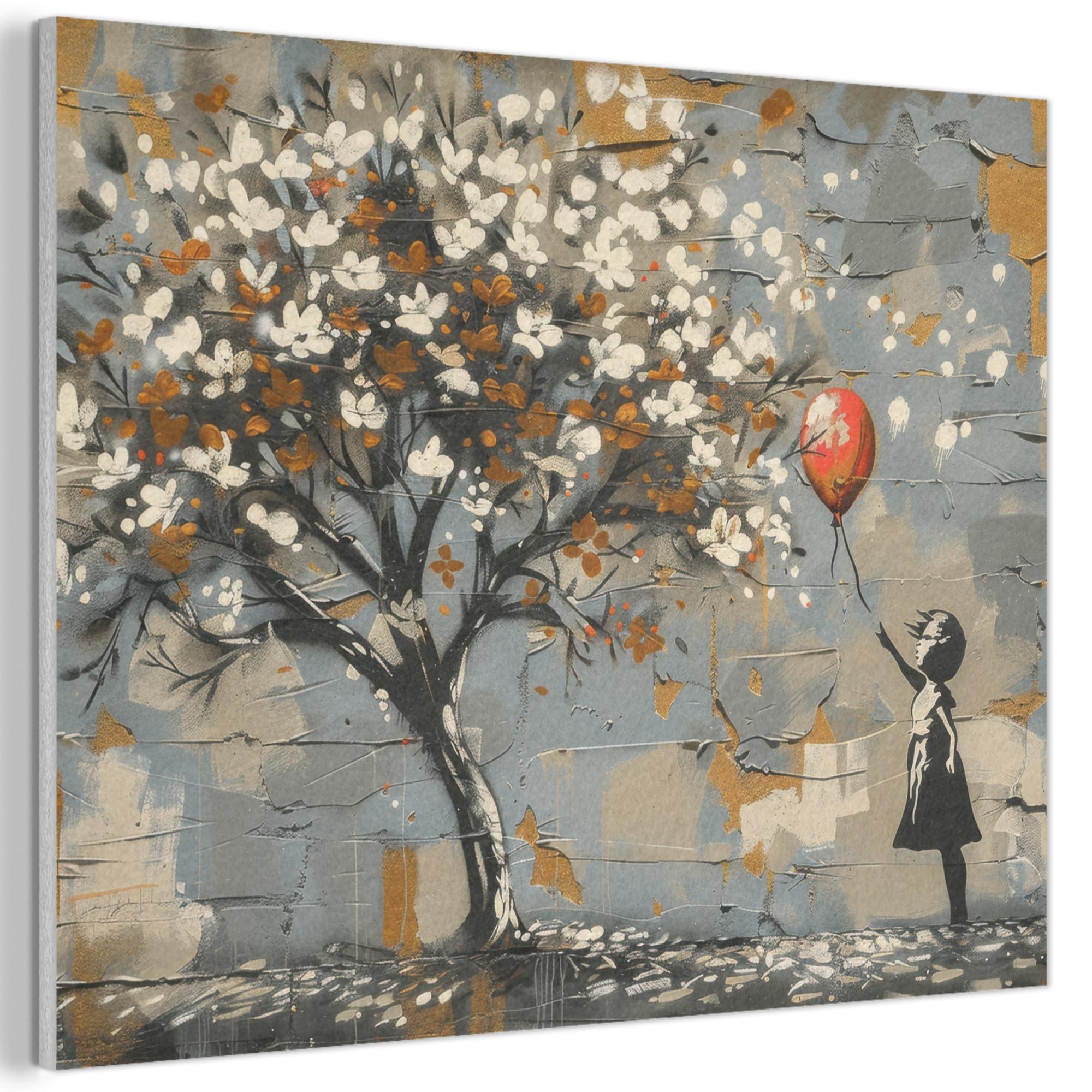 AKUSTIKBILD Baum - Graffiti - Banksy-Stil - Ballon-Mädchen Wandbild Wohnzimmer 100x70 cm - Blaugrau, Kunststoff (100/70/0.9cm) - MuchoWow