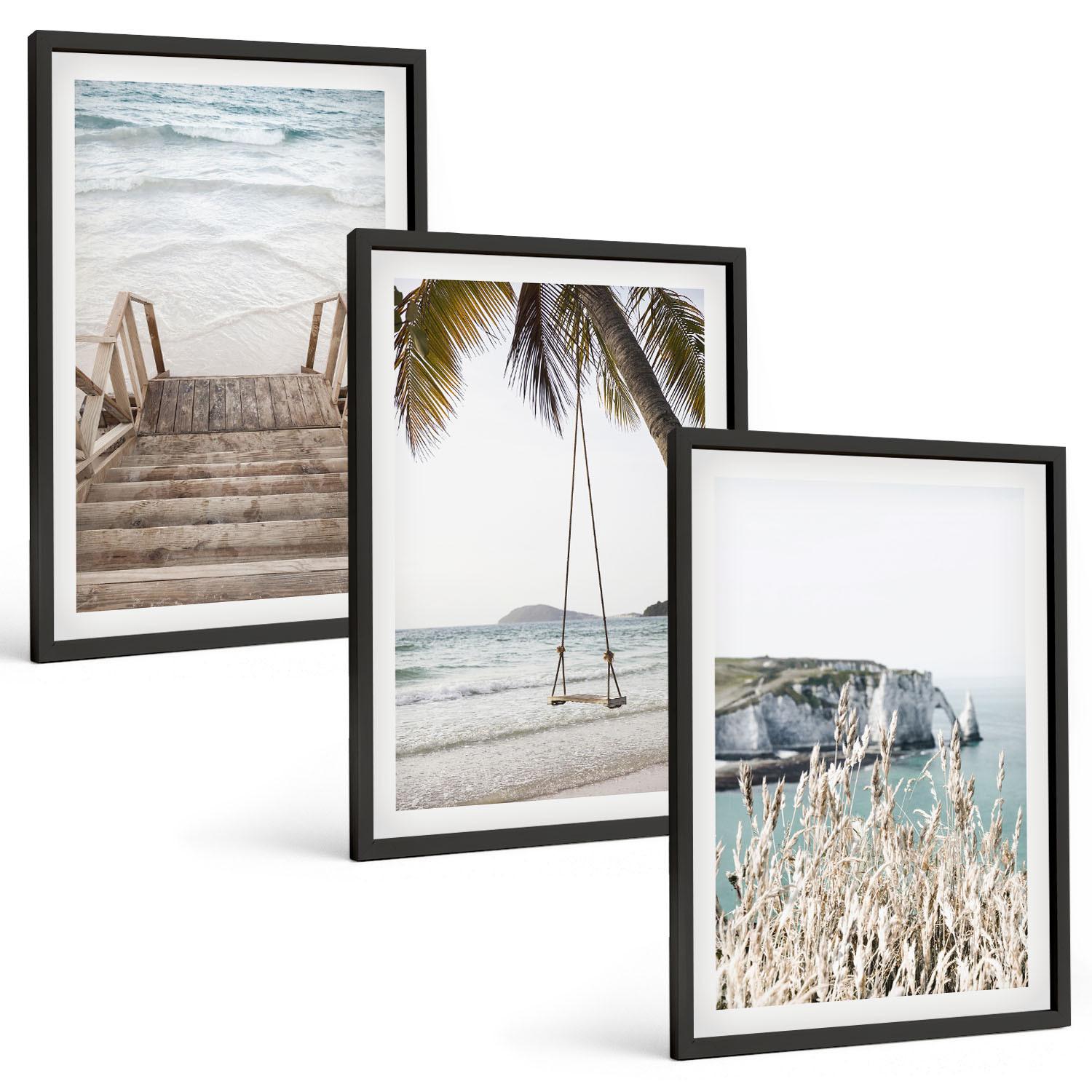 BILDER SET 3er Set - 40x60 cm Schwarzer Rahmen - Strandtreppe aus Holz, Schaukel - Schwarz, Kunststoff (40/60cm) - TULUP