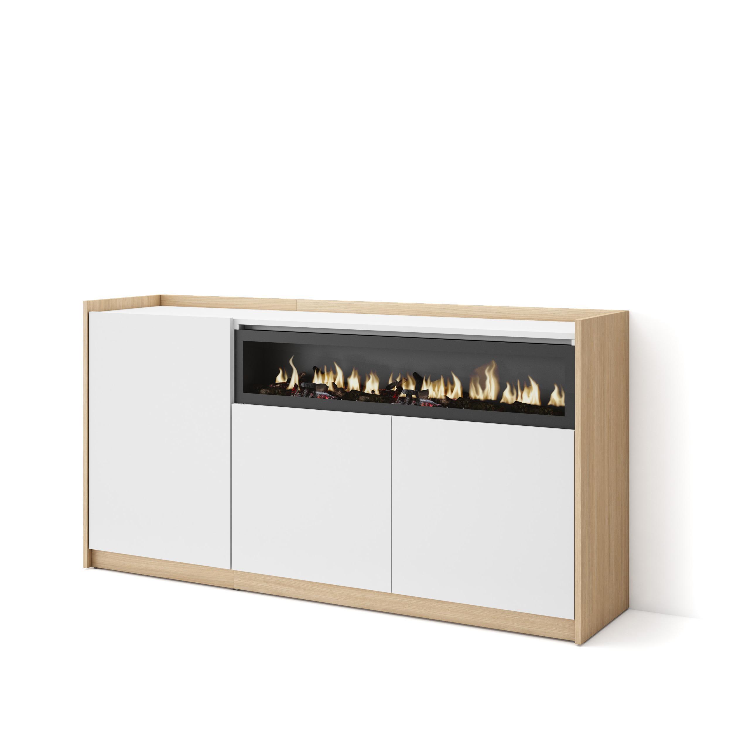 SIDEBOARD, Highboard, Weiß und Eiche Soft, Elektrokamin, 156/37/80cm - Weiß, Holzwerkstoff (156/80/37cm) - Skraut Home