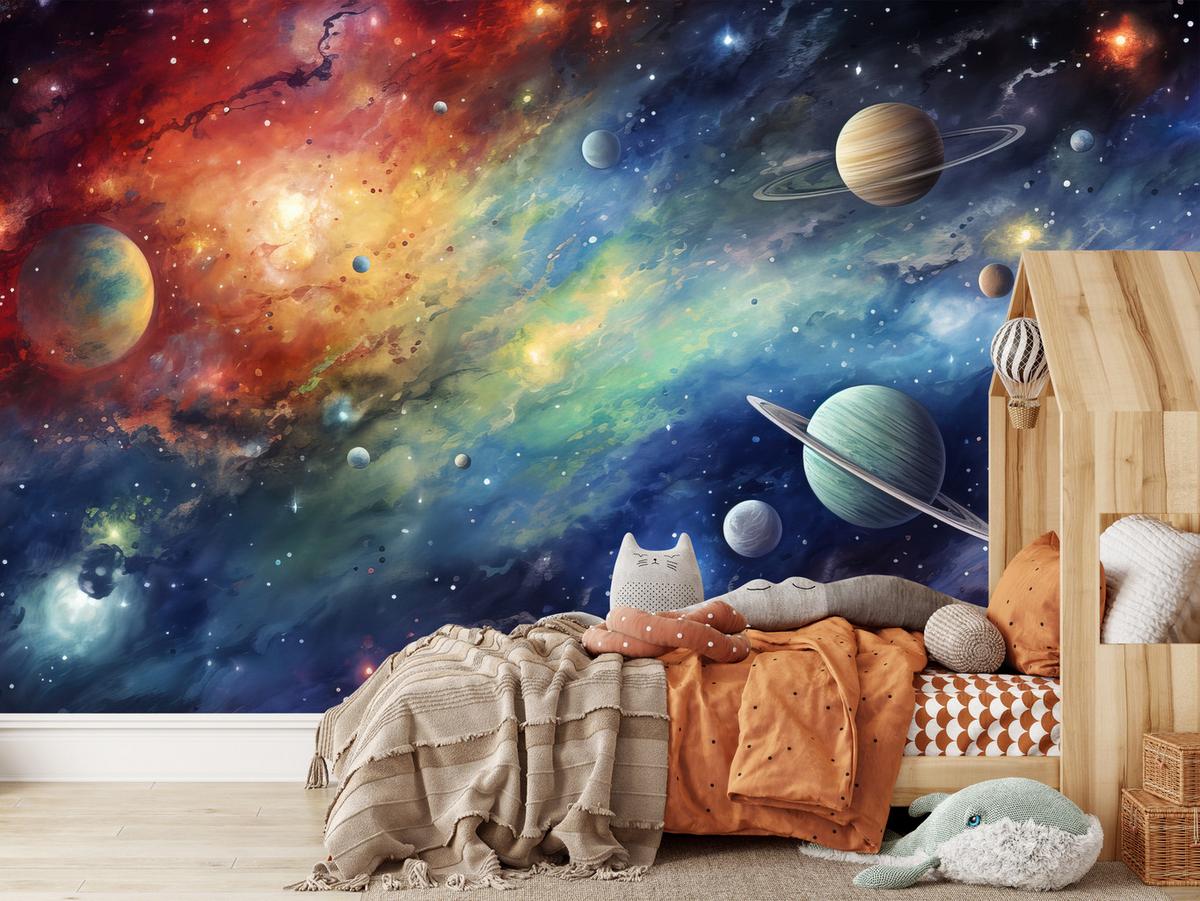 FOTOTAPETE für Jugendzimmer Aquarell Galaxie Planeten Sterne 350x256 - Blau/Gelb, Papier (350/256cm) - Muralo