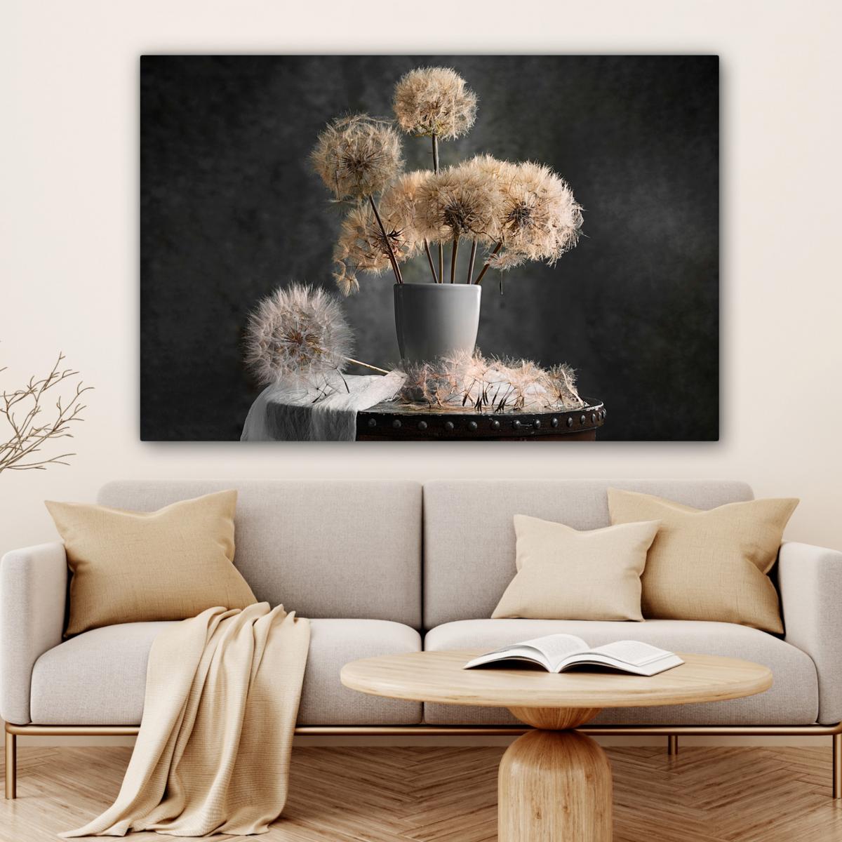 LEINWANDBILD Blumensamen - Löwenzahn - Vase - Stilleben - Blumenstrauß Wohnzimmer Groß 120x80 cm - Dunkelgrau, Textil (120/80cm) - MuchoWow