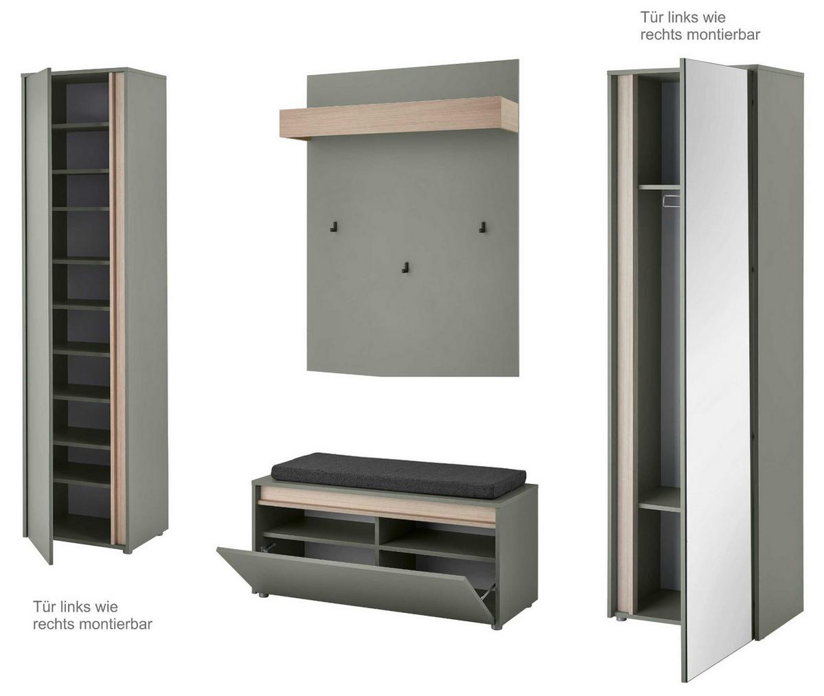 GARDEROBE Komplett-Set 5-teilig in Salbei Grün mit Eiche, Flurgarderobe 230 x 200 cm, inkl. Sitzkissen - Salbeigrün/Eichefarben, Glas/Holz (230/200/40cm) - Furn.Design
