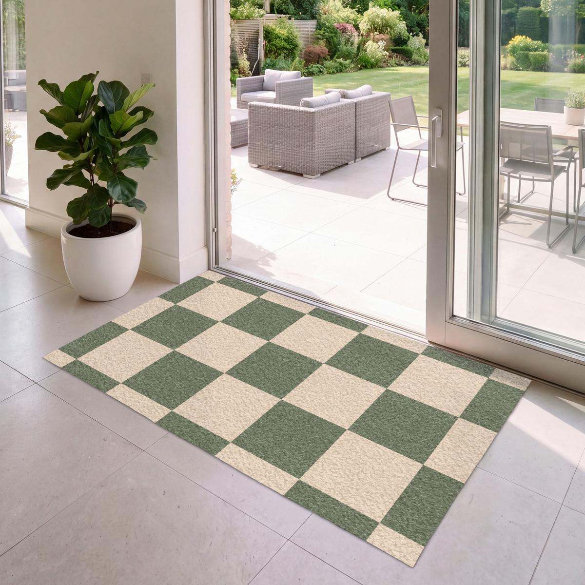 FUSSMATTE Schachbrettmuster - Grün - Beige - Blöcke Flurteppich 150x90 cm - Olivgrün, Kunststoff (150/0.4cm) - MuchoWow