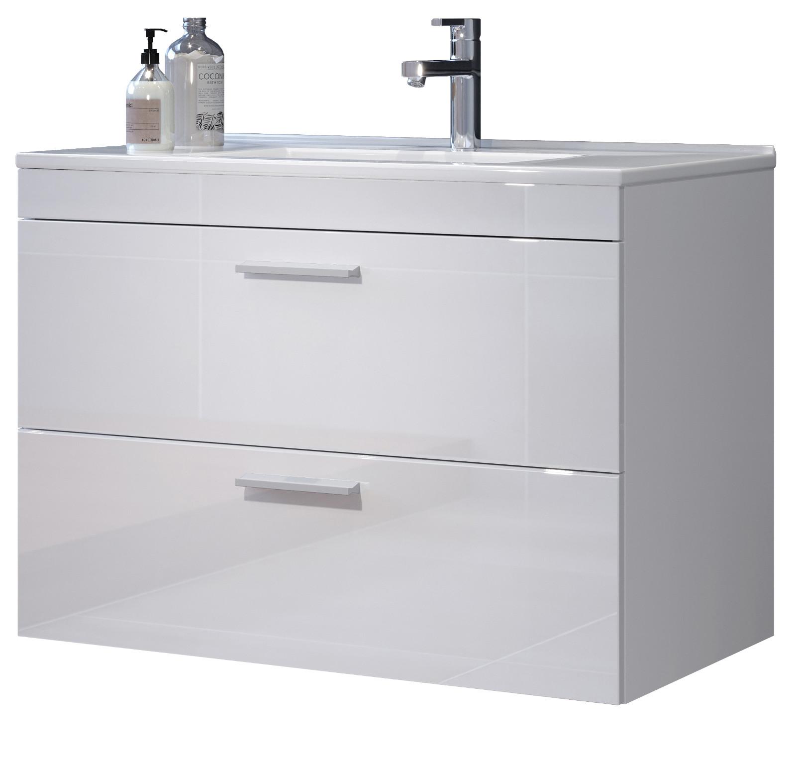 WASCHBECKENUNTERSCHRANK mit Waschbecken weiß Hochglanz, Waschtisch hängend 81 x 59 cm - Weiß Hochglanz/Silberfarben, Holzwerkstoff/Kunststoff (81/59/47cm) - Top.Furn