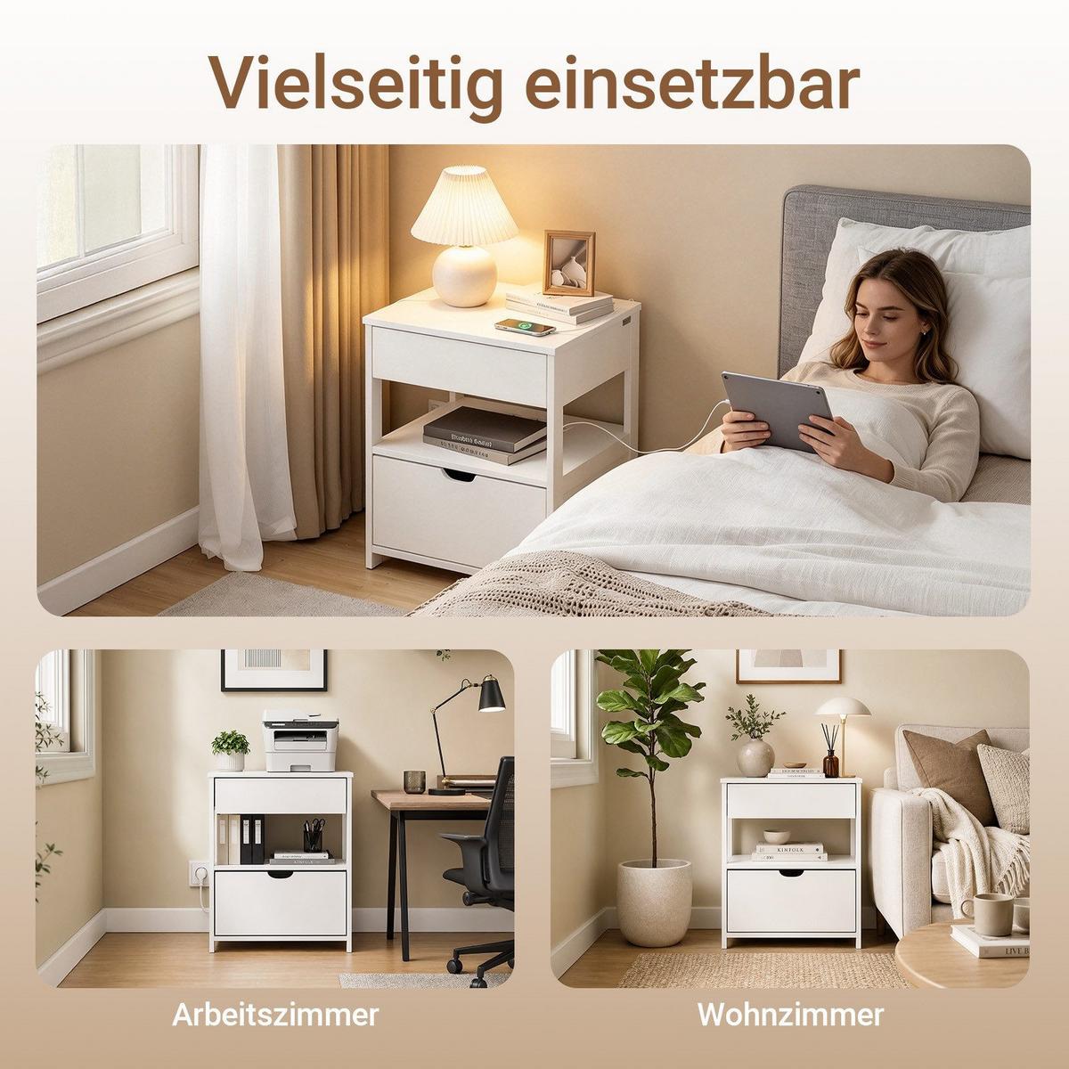 NACHTTISCH 4-in-1 Ladefunktion mit Schublade und Ablage, Weiß 45x38x55,5cm - Weiß, Holzwerkstoff (45/55/38cm) - SoBuy