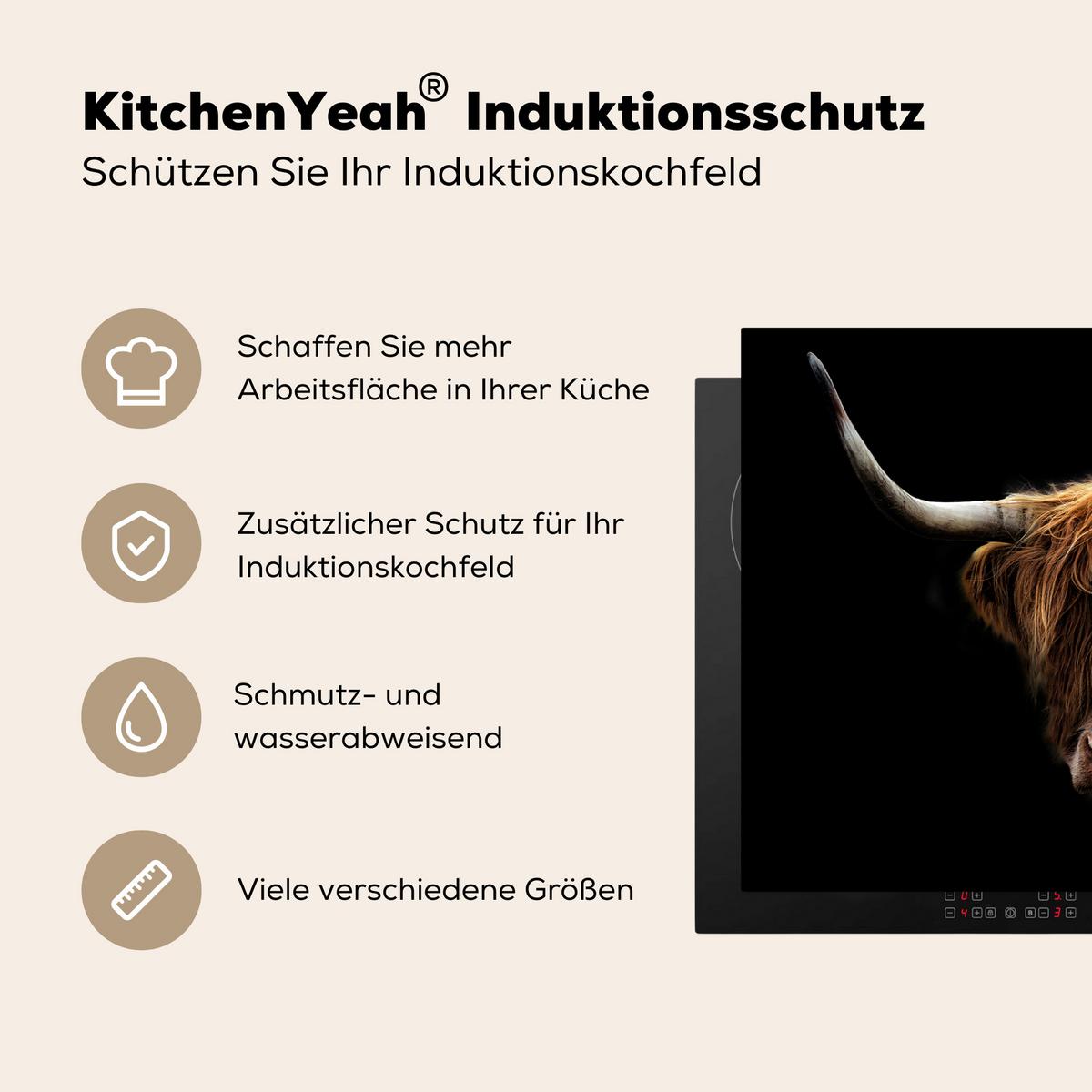 HERDABDECKPLATTE Schottischer Highlander - Hörner - Schwarz - Tiere - Natur - Wild - Kuh Ceranfeldabdeckung 78x52 cm - Cognac, Kunststoff (78/52/0.2cm) - MuchoWow