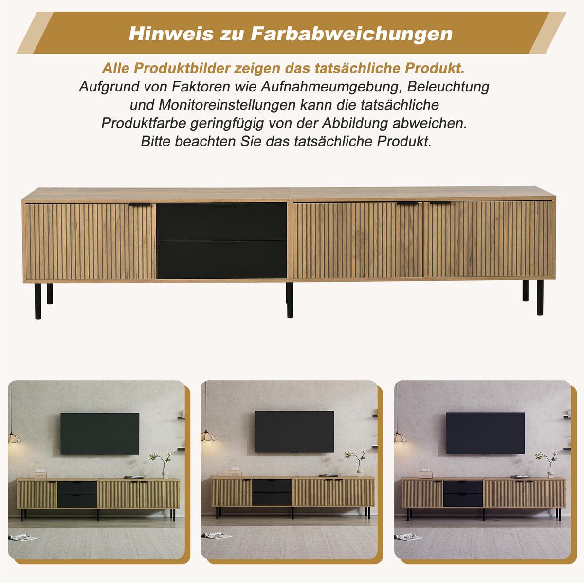 TV-LOWBOARD Lowboard 208cm Schwarz & Holzoptik für 85 Zoll, 3 Schränke und 2 Schubladen - Naturfarben, Holzwerkstoff (208/48/40cm) - Urban Meuble