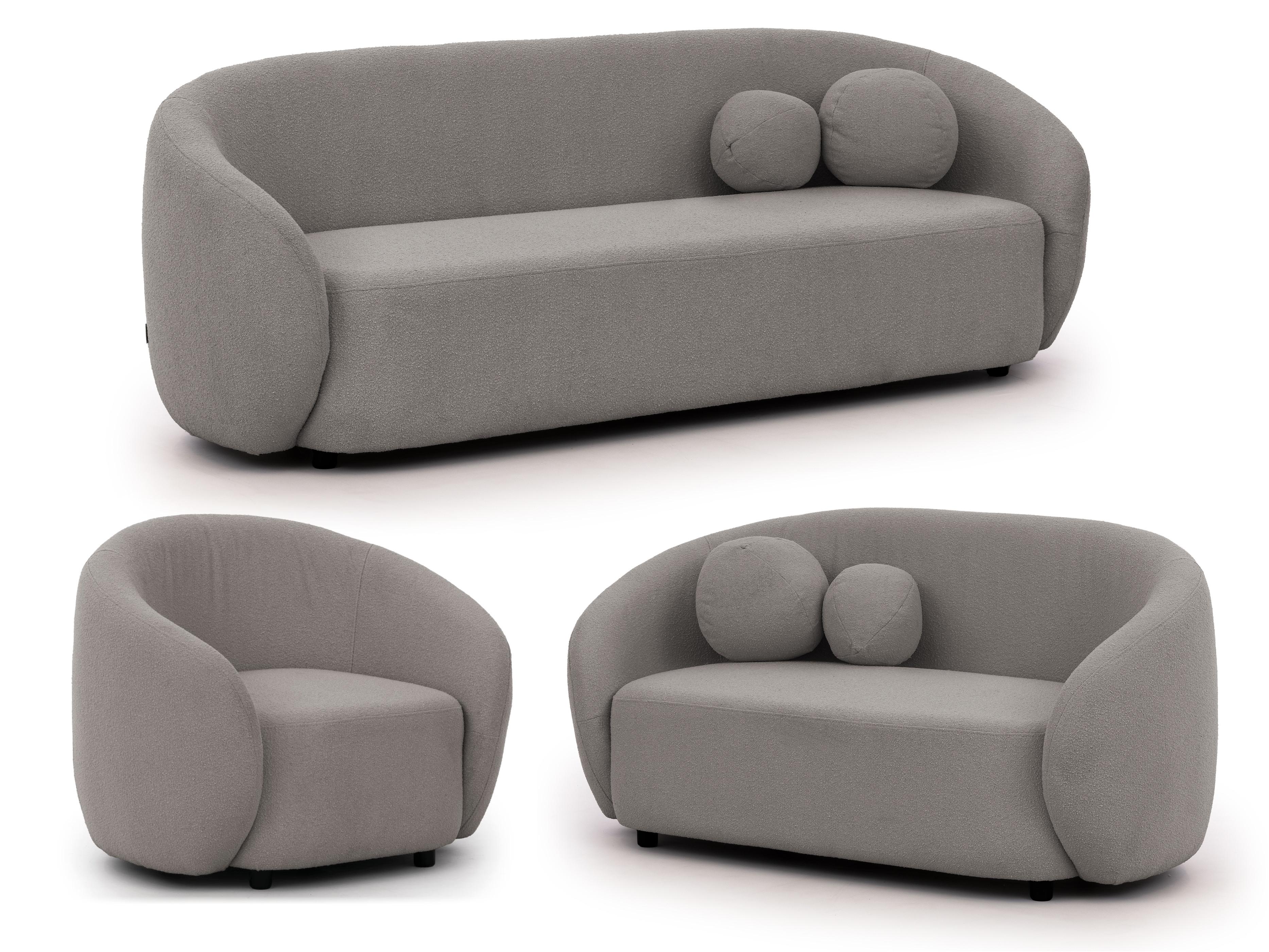 SITZGARNITUR 3+2+1 Roundi Grau Bouclé - Schwarz/Grau, Holz/Kunststoff (208/76/80cm) - S-Style