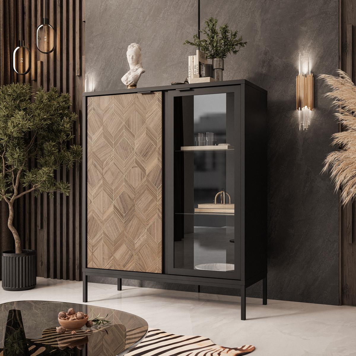 VITRINE LIAM mit Beleuchtung - Schwarz, Holzwerkstoff (101/124/41cm) - Lookway