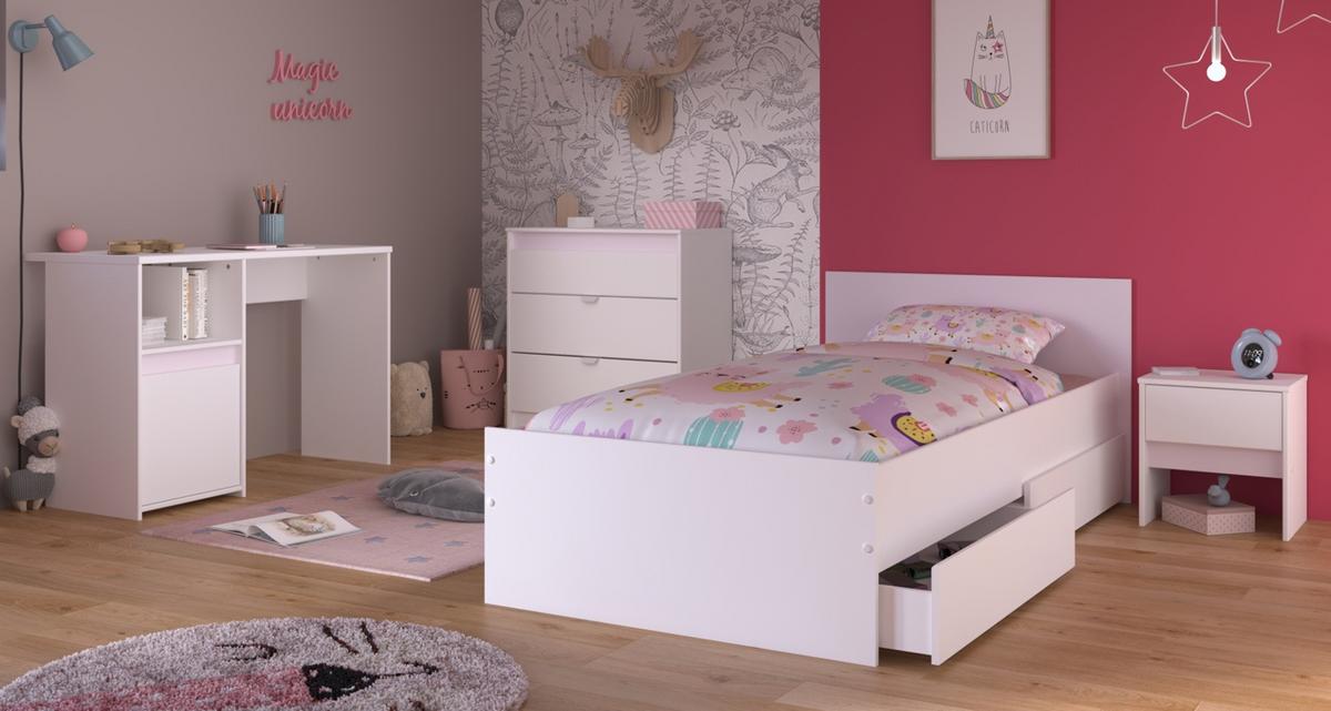 KINDERZIMMER weiß, grau oder rosa, Komplett-Set 4-teilig mit Stauraumbett 90x200 cm - Weiß, Holzwerkstoff (110/80/203cm) - Parisot Meuble