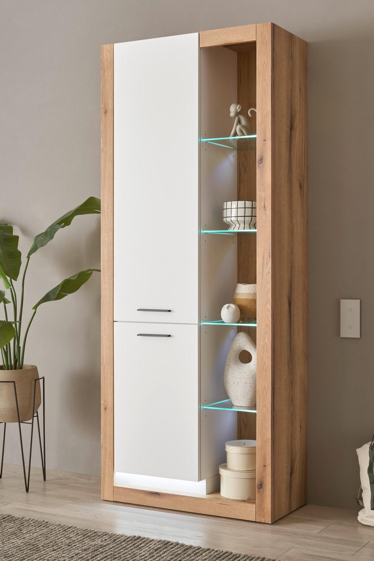 VITRINE weiß matt, Evoke Eiche, Vitrinenschrank 80 x 195 cm - Eichefarben/Silberfarben, Glas/Holzwerkstoff (80/195/37cm) - Furn.Design