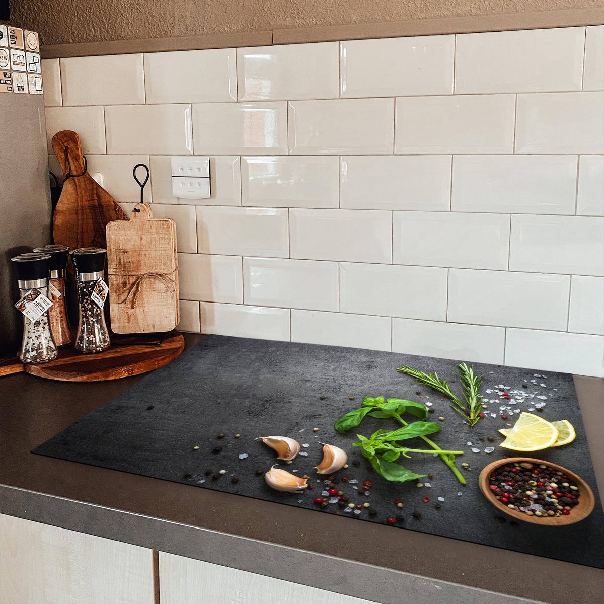 HERDABDECKPLATTE Limette - Kräuter - Gewürze - Grün - Grau - Beton Induktionsmatte 77x51 cm - Grün, Kunststoff (77/51/0.2cm) - MuchoWow
