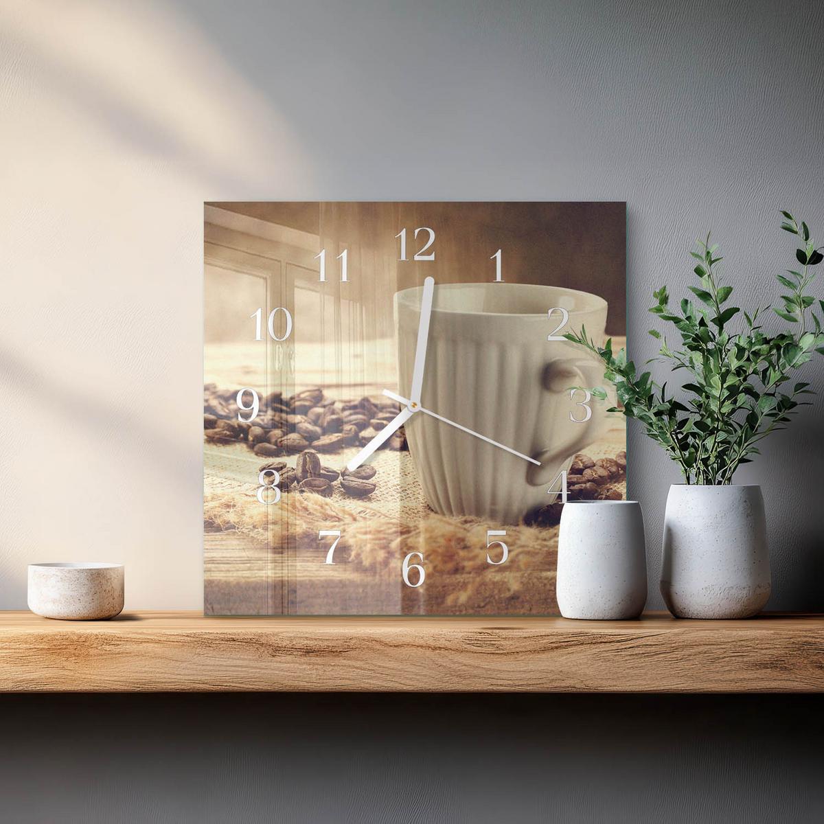 WANDUHR aus Glas 30x30 cm - Kaffee - Braun, Glas (30/30/0.4cm) - TULUP