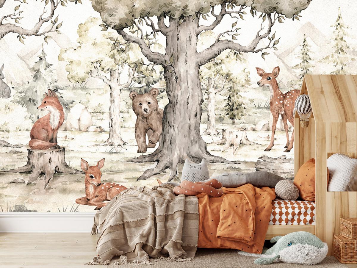 FOTOTAPETE für Kinderzimmer Waldtiere Aquarell Bär Fuchs Reh Bäume 200x140 - Beige/Orange, Papier (200/140cm) - Muralo