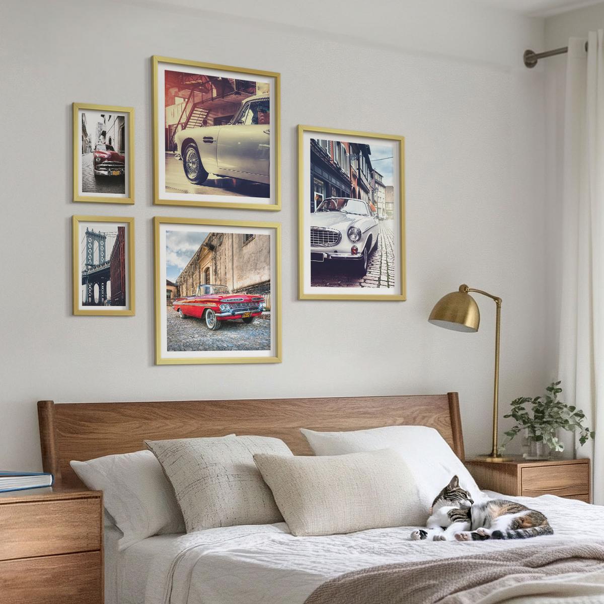 BILDER SET 5er Set - 50x50 cm & 20x30 cm & 40x60 cm Goldrahmen - Oldtimer in Städten - Goldfarben, Kunststoff (40/60cm) - TULUP