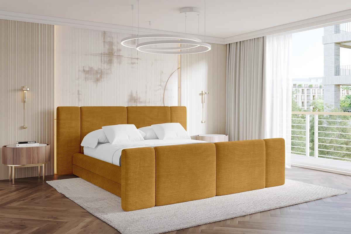 POLSTERBETT mit Bettkasten, Fußteil und Lattenrost, Bett mit Matratze H3/H4 - TEVO-Z 140x200 Senfgelb - Gelb, Holzwerkstoff/Textil (140/200cm) - ALTDECOR