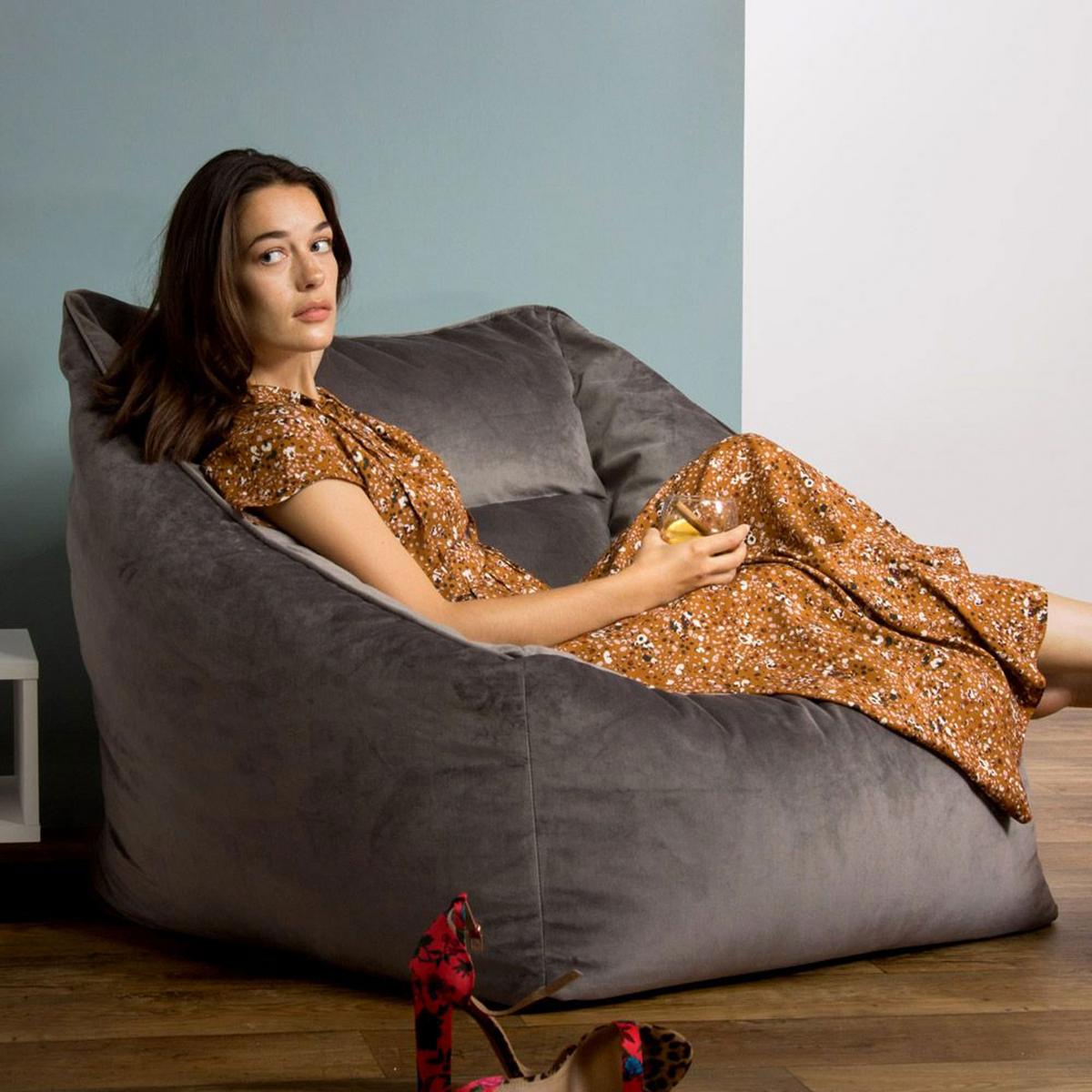 SITZSACK Milano Samt Sessel mit Fußhocker - Anthrazit, Textil (70/65/70cm) - icon