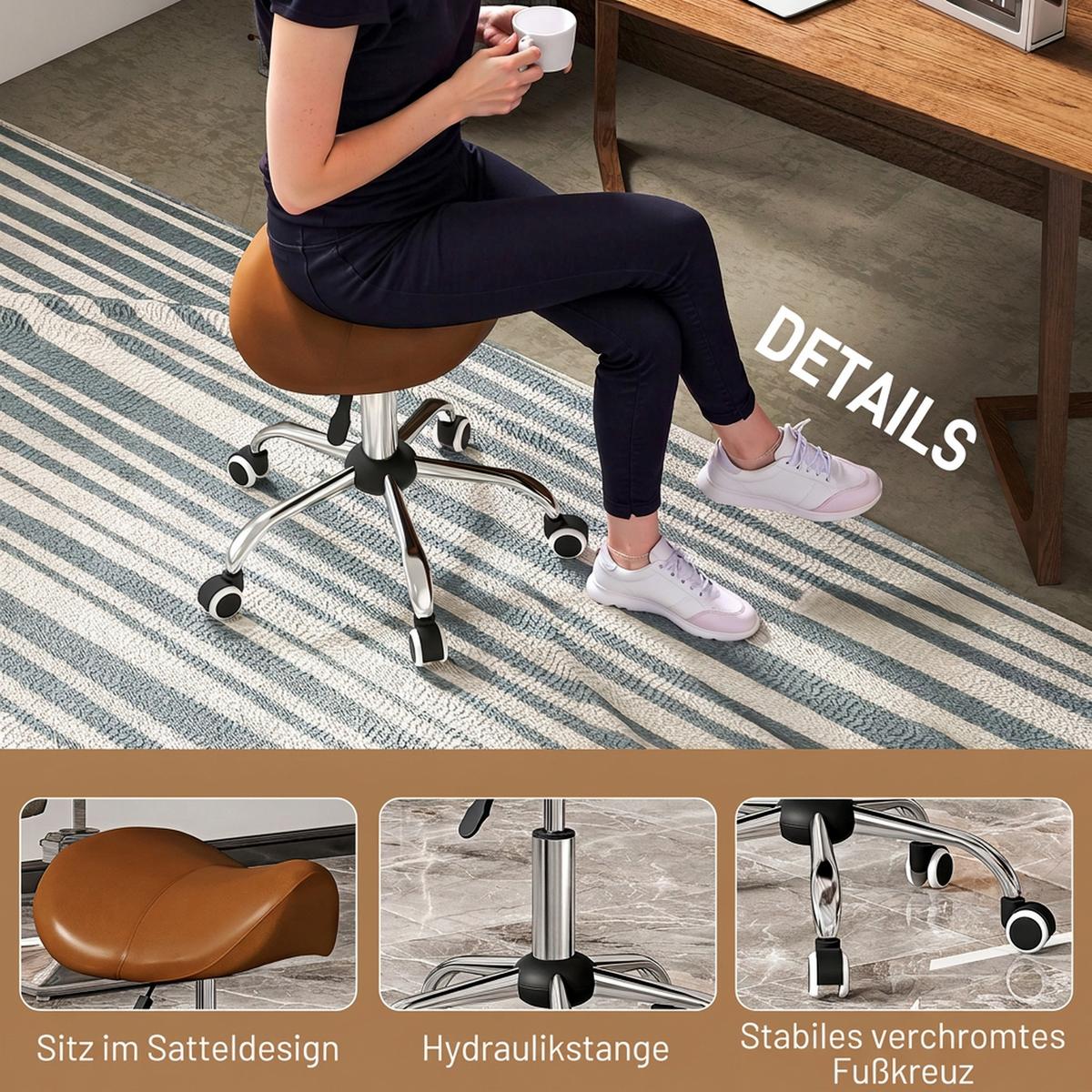 ARBEITSHOCKER Drehstuhl Drehhocker Rollhocker Sattelhocker Hocker Braun - Chromfarben/Braun, Kunststoff/Metall (52/61/53cm) - HOMCOM