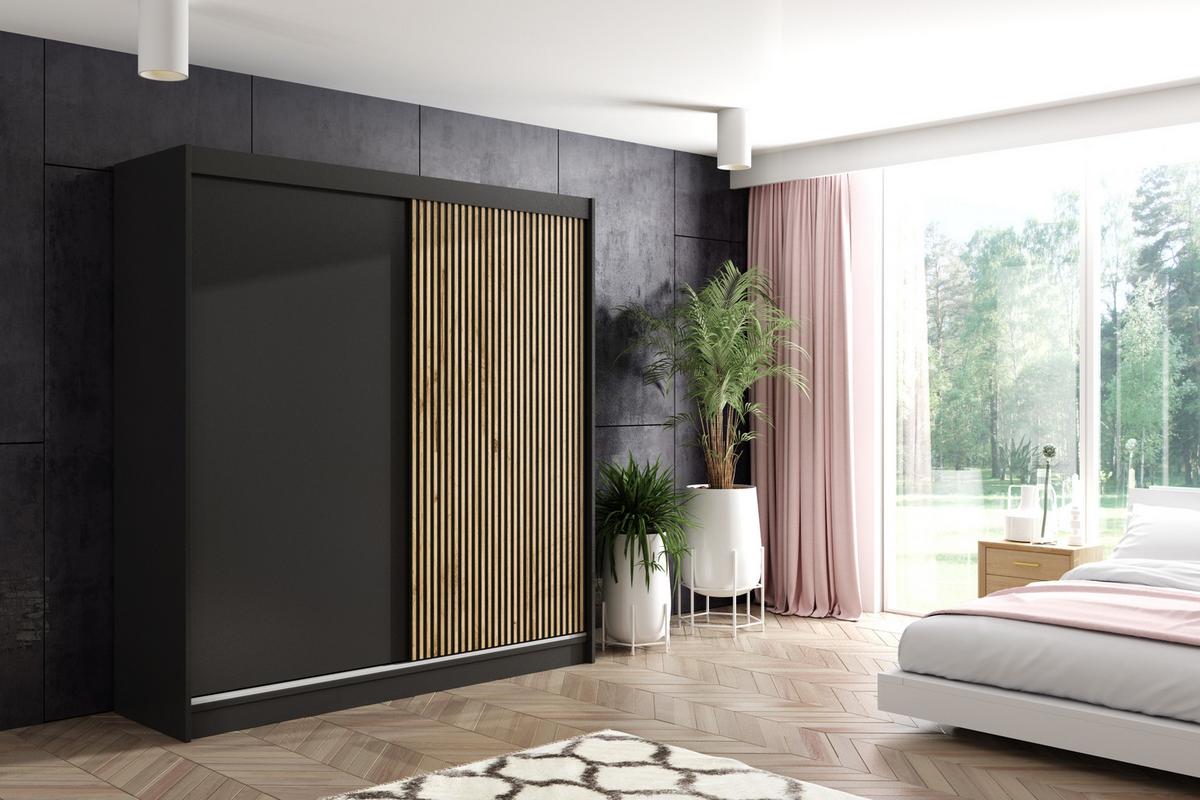 KLEIDERSCHRANK VILAN mit Lamel - 200 cm - Schwarz|Eiche Wotan - Eiche Wotan/Schwarz, Holzwerkstoff (200/215/61cm) - ALTDECOR