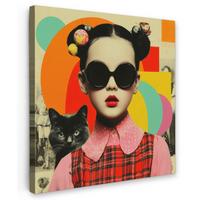 LEINWANDBILD Mädchen - Sonnenbrille - Katze - Retro Wandbild Wohnzimmer 50x50 cm - Beige, Textil (50/50cm) - MuchoWow