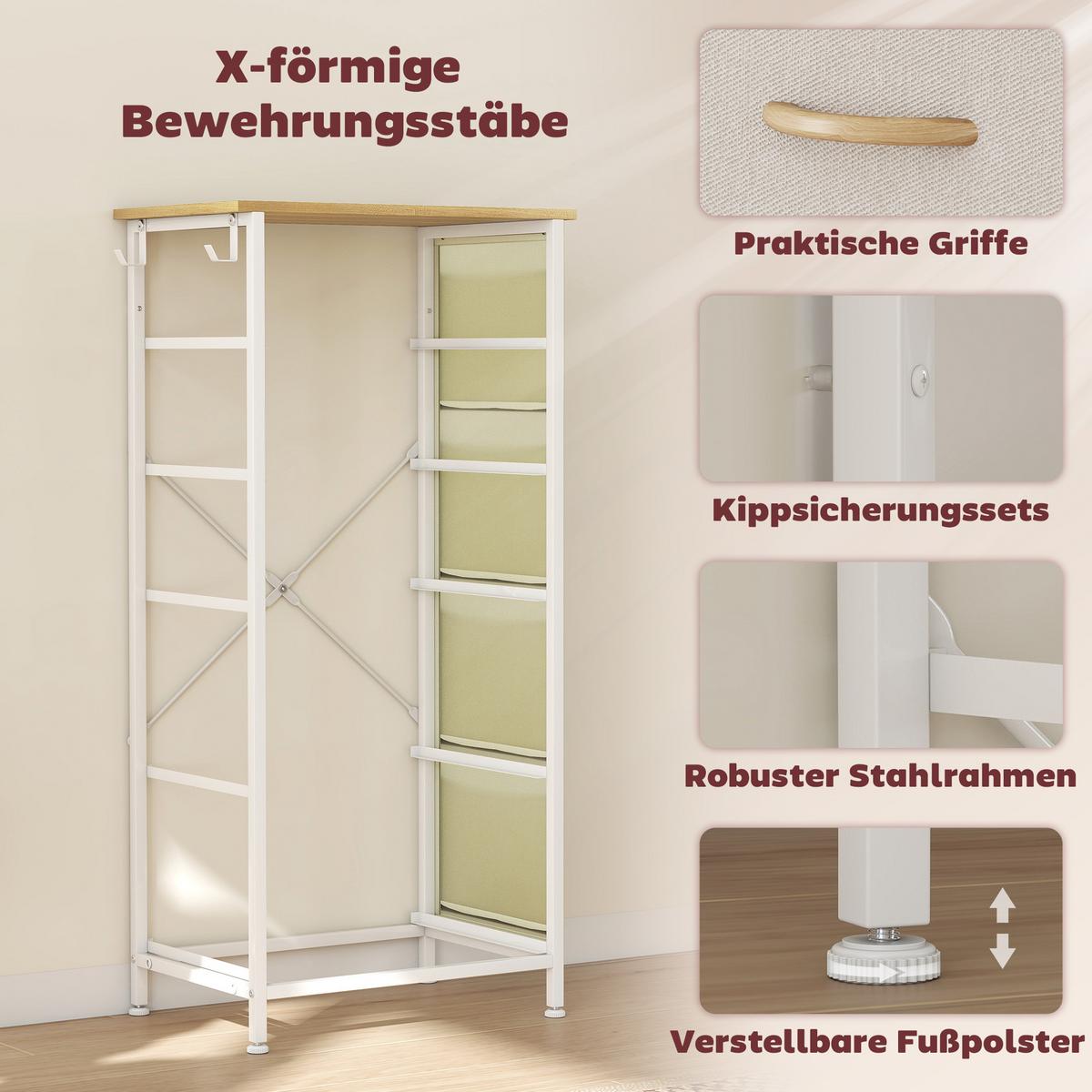 KOMMODE mit 5 Schubladen aus Vliesstoff Beige - Beige/Naturfarben, Holz/Textil (30/94.5/45cm) - HOMCOM