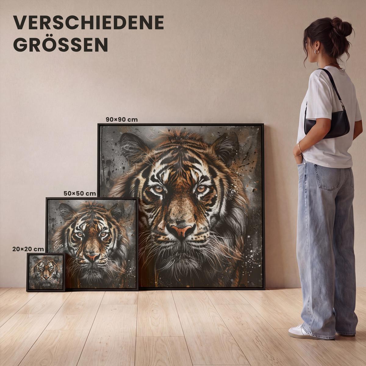 LEINWAND Bilder mit Rahmen - Tiger - Tiere - Porträt - Luxus - Schwarz - 20x20 - Braun, Textil (20/20cm) - MuchoWow