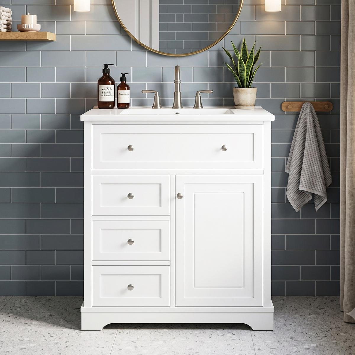 WASCHTISCH mit Unterschrank Weiß 76cm Standschrank mit Keramikbecken & 4 Schubladen - Weiß, Holzwerkstoff (76/87/46cm) - Urban Meuble