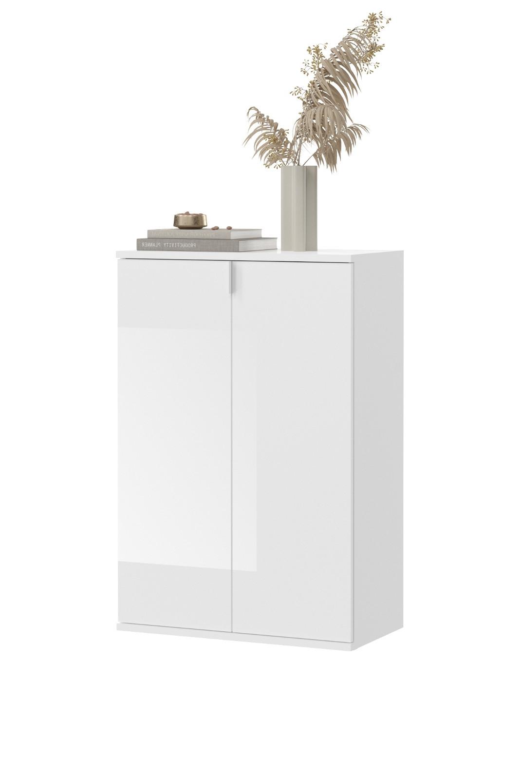 KOMMODE Weiß Hochglanz 61 x 99 cm 2-türig, Mehrzweckschrank, Schuhschrank mit 6 Fächern - Weiß Hochglanz/Silberfarben, Holzwerkstoff/Kunststoff (61/99/34cm) - Inn.Furn