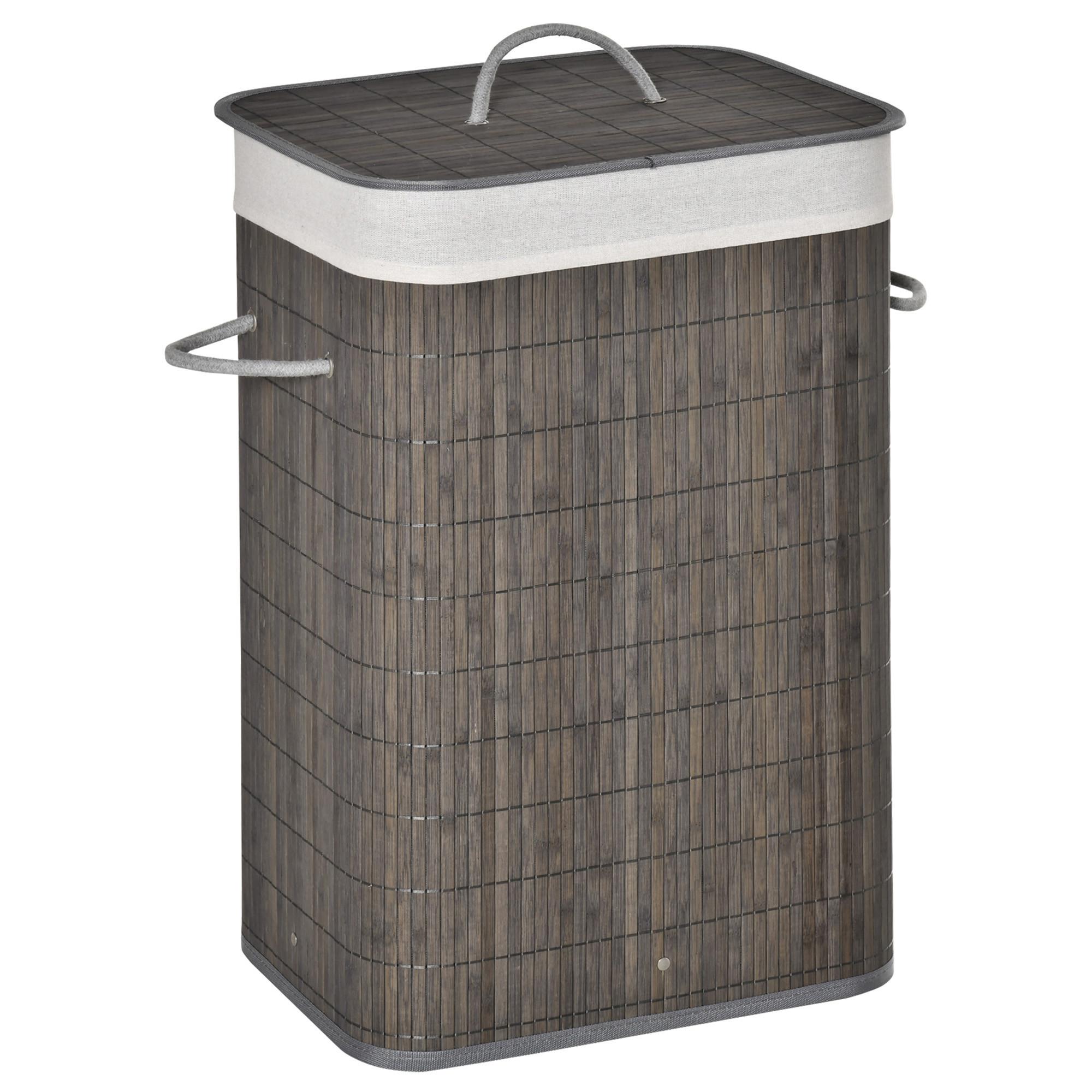 WÄSCHEKORB schmal mit Deckel 83L, Bambus, Grau - Grau, Naturmaterialien (32/61/43cm) - HOMCOM