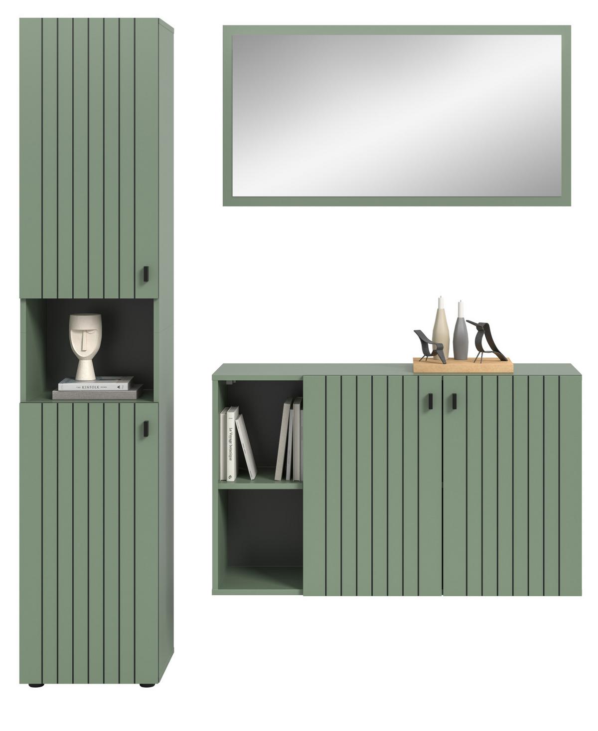GARDEROBE-SET grün 3-teilig 161 cm, Komplettset mit viel Stauraum - Schwarz/Grün, Glas/Holzwerkstoff (161/192/37cm) - Inn.Furn