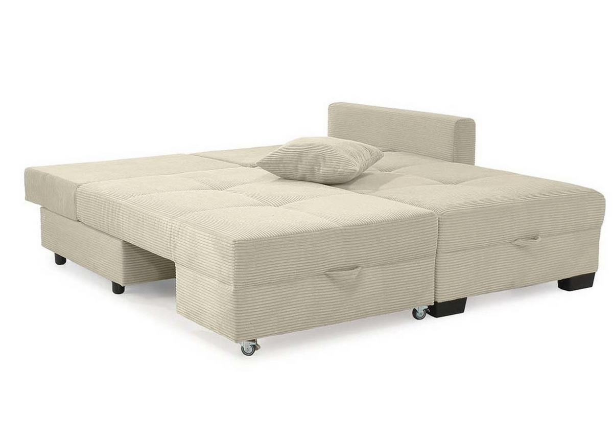 ECKSOFA Doppelbett mit Bettkasten, seitenverkehrt montierbar B247/T155/H87 cm, Liegefläche 183x207 cm, Cord Beige Grau / 15215 - Greige/Schwarz, Kunststoff/Textil (247/155cm) - luma-home