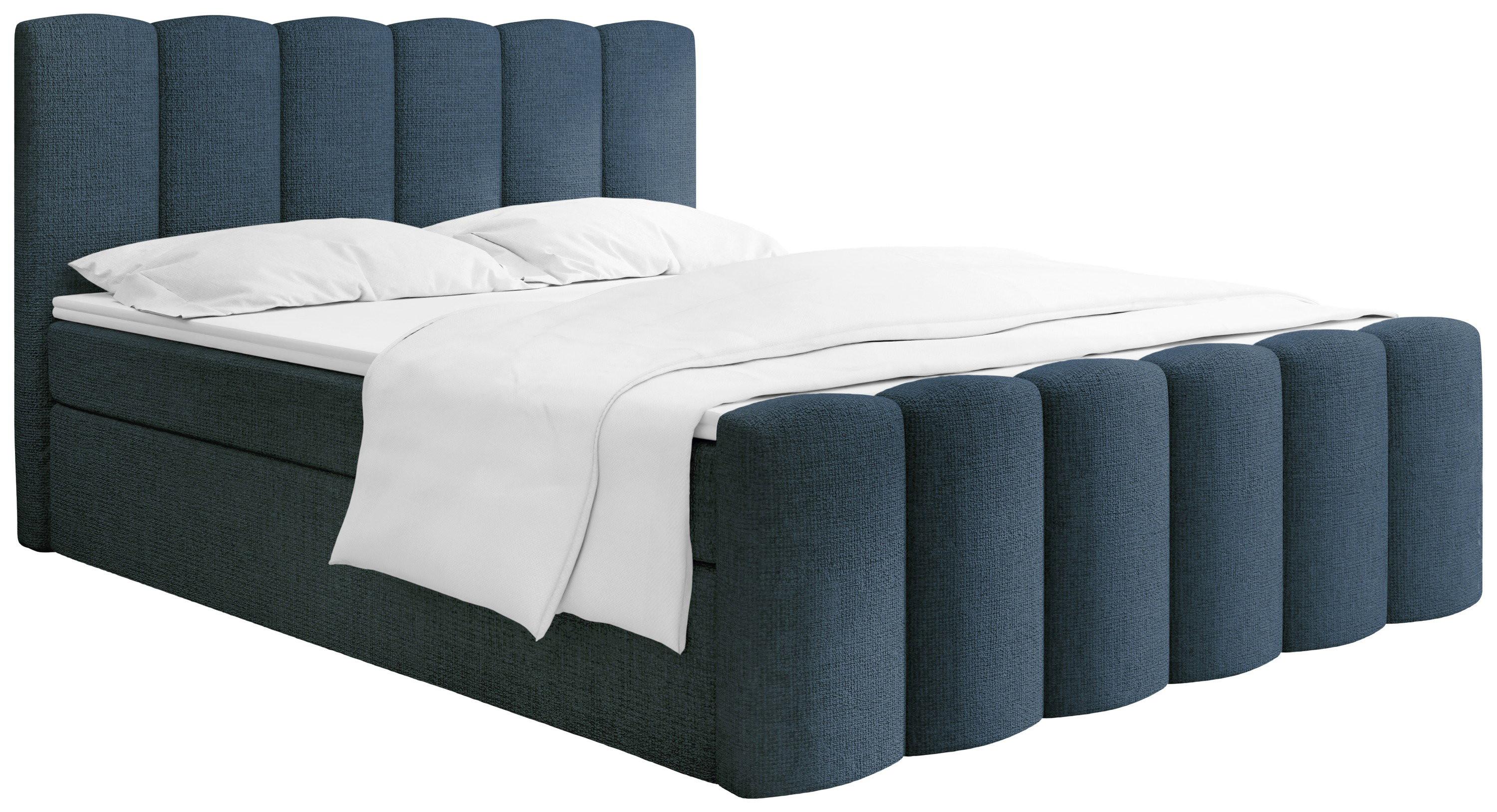 BOXBETT Serenity mit Bettkasten, Dunkelblau Chenille 200x200 cm – inkl. H4 Taschenfederkern Matratze & Foam Topper - Schwarz/Dunkelblau, Holz/Holzwerkstoff (200/200cm) - WFL GROUP