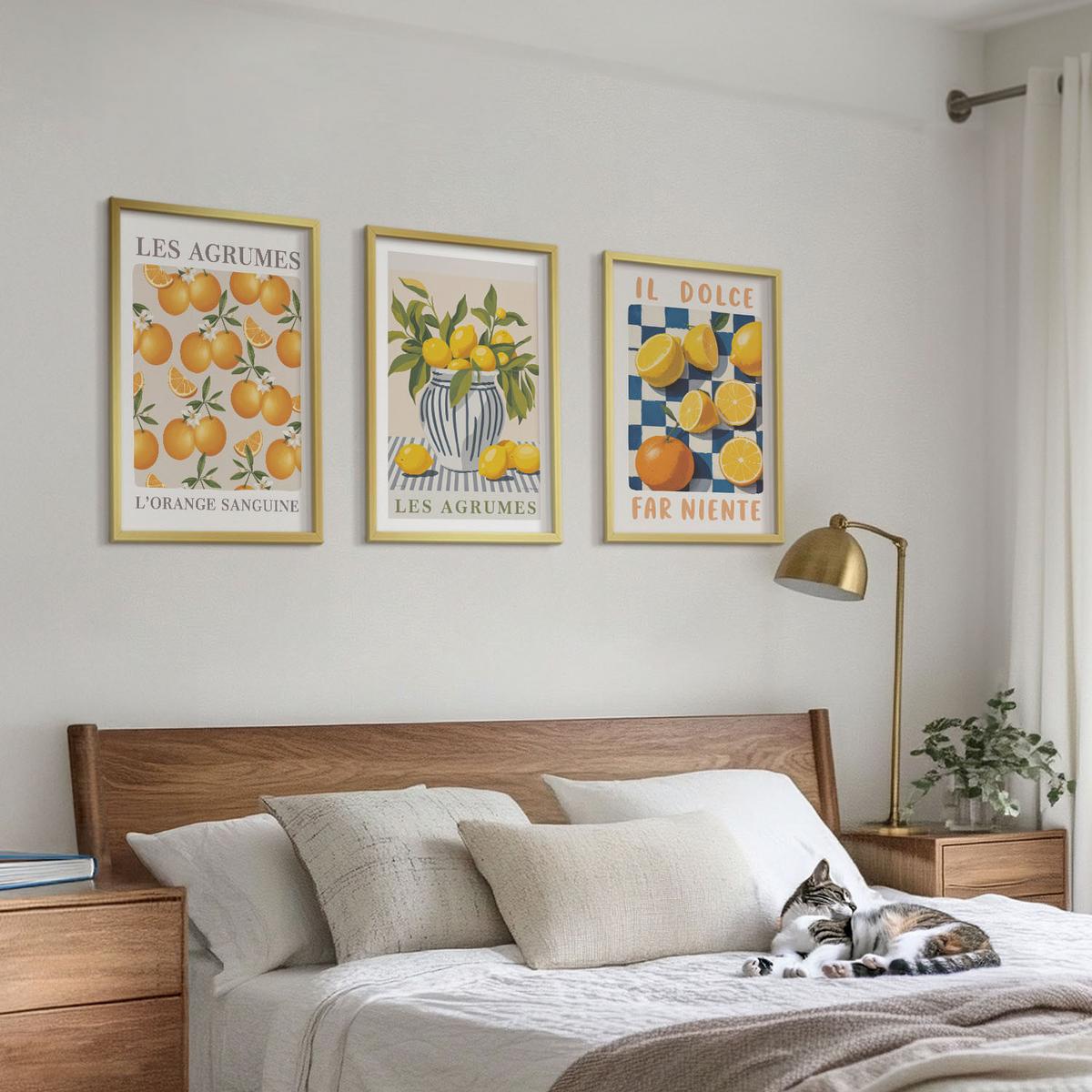 BILDER SET 3er Set - 40x60 cm Goldrahmen - Retro gelbe Zitrusfrüchte - Goldfarben, Kunststoff (40/60cm) - TULUP