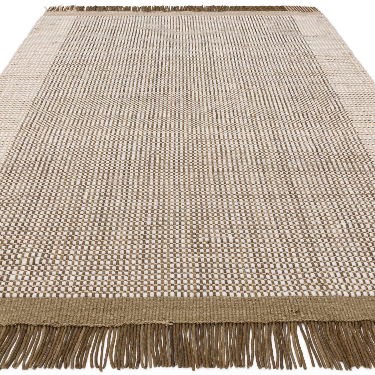 WOLLTEPPICH handgewebt mit Fransen PISA, geometrisch, Olivgrün, 160 x 230 cm - Beige, Textil (230/160cm) - KADIMA DESIGN