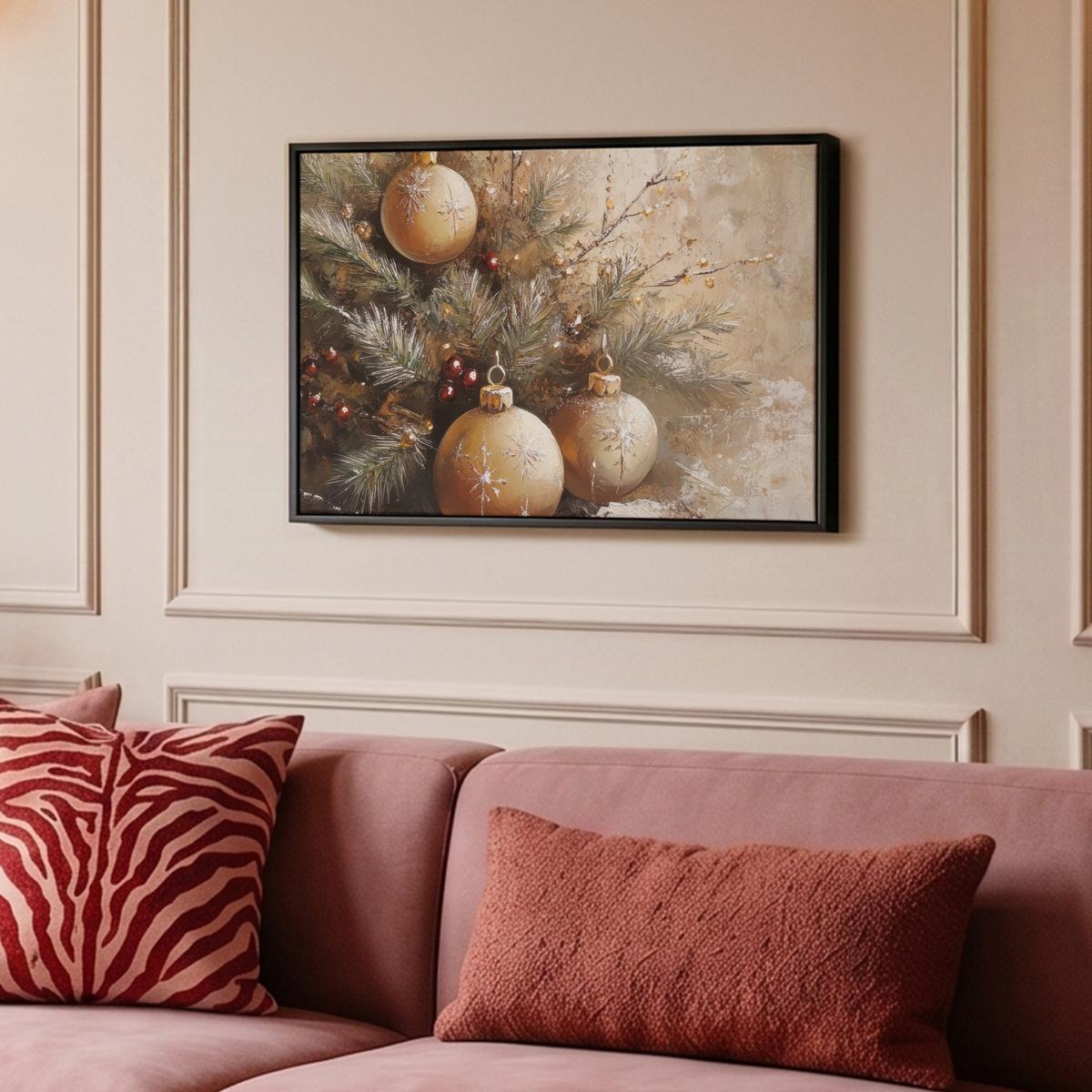 LEINWAND Bilder mit Rahmen - Weihnachten - Kugeln - Beige - Gold - 60x40 - Goldfarben, Textil (60/40cm) - MuchoWow