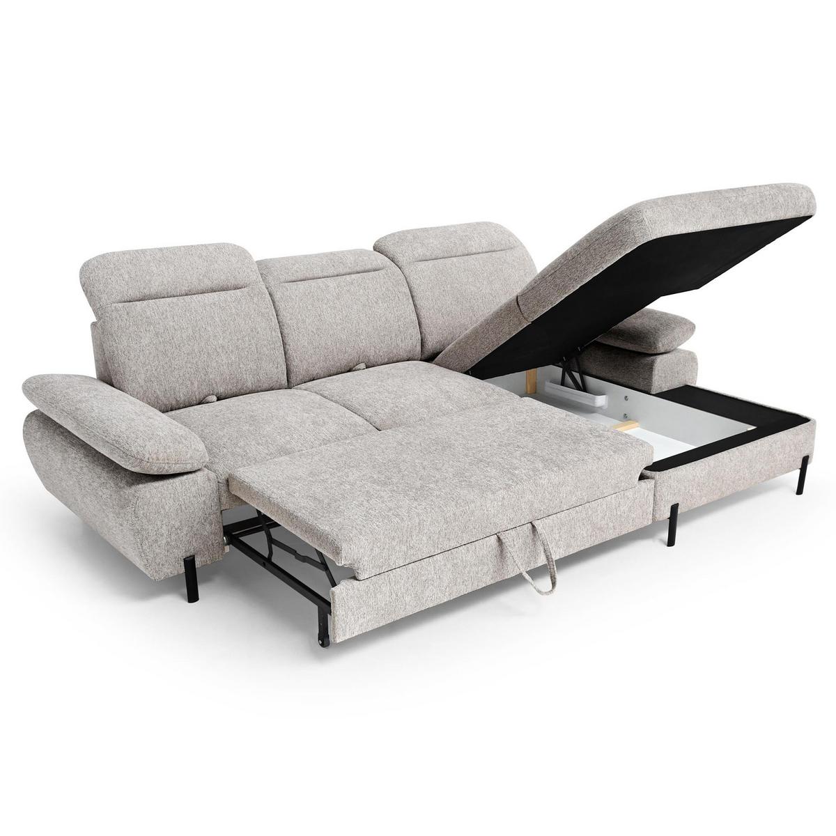 ECKSCHLAFSOFA Sora Mini mit verstellbaren Kopfstützen und Schlaffunktion, Chenille-Stoff, Dunkelbeige, Rechts - Beige/Schwarz, Textil (190/285cm) - Beautysofa