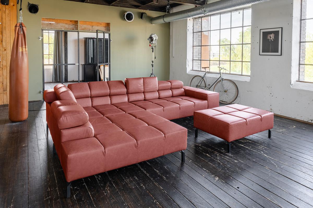 ECKSOFA NELSON Rot Leder Relaxfunktion - Rot/Schwarz, Leder/Metall (321/216cm) - KAWOLA