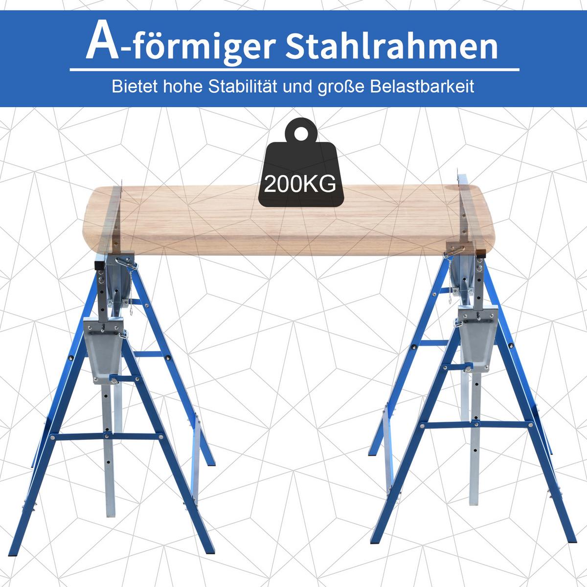 2 x Gerüstbock höhenverstellbar Unterstellbock Klappbock bis 200kg Stahl Blau - Blau, Metall (68/58/130cm) - HOMCOM