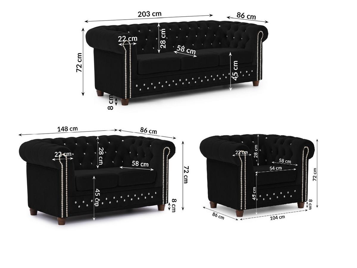 SITZGARNITUR 3+2+1 Chesterfield Cleo Blink Schwarz Samt mit Kristallsteppung und braunen Massivholzfüßen - Schwarz/Braun, Holz/Textil (203/72/86cm) - S-Style Möbel