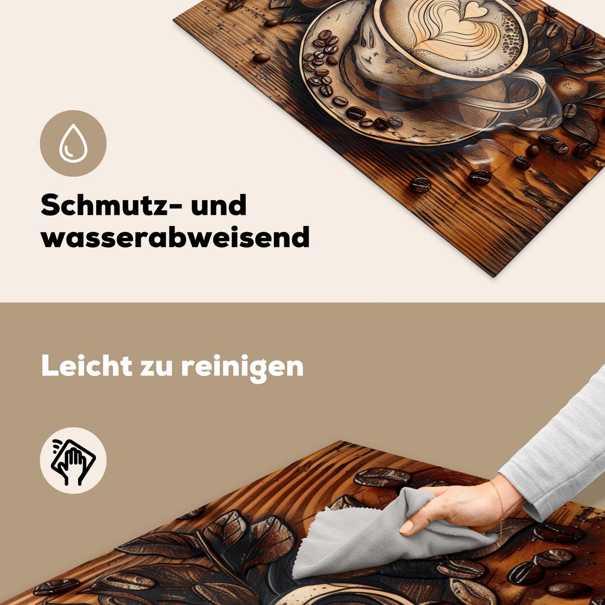 HERDABDECKPLATTE Kaffee - Vintage - Braun - Tasse - Holz Ceranfeldabdeckung 85x52 cm - Cappuccino, Kunststoff (85/52/0.2cm) - MuchoWow