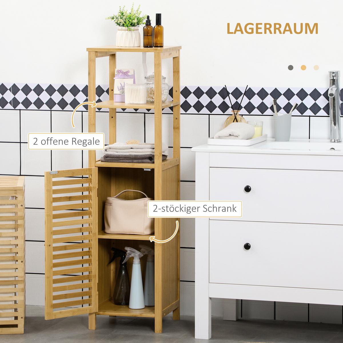 BADEZIMMERSCHRANK höhevestellbar, ca. 33 x 30 x 120 cm Naturholz - Naturfarben, Naturmaterialien (29.9/120/32.9cm) - Kleankin