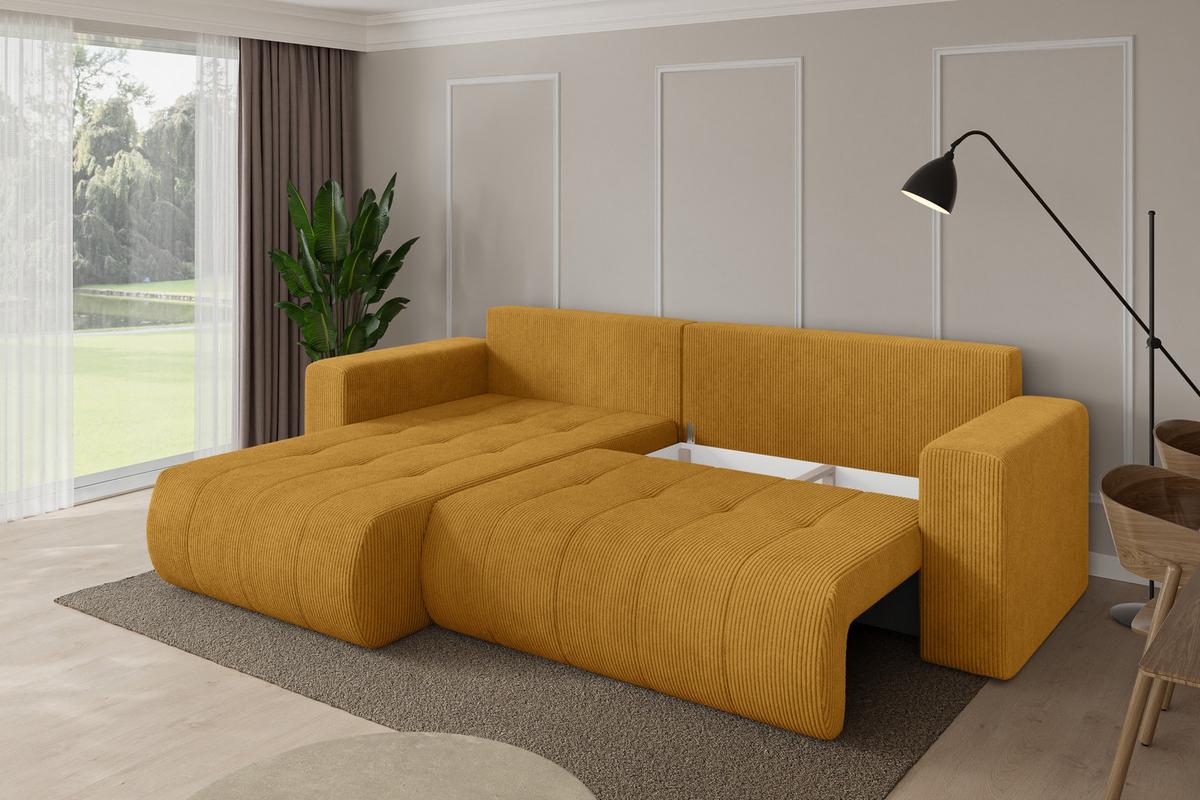 ECKSOFA mit Schlaffunktion Ottomane Links MILA-L 277x194x86 Senfgelb Cord - Dunkelgelb/Schwarz, Holzwerkstoff/Kunststoff (277/194cm) - ALTDECOR