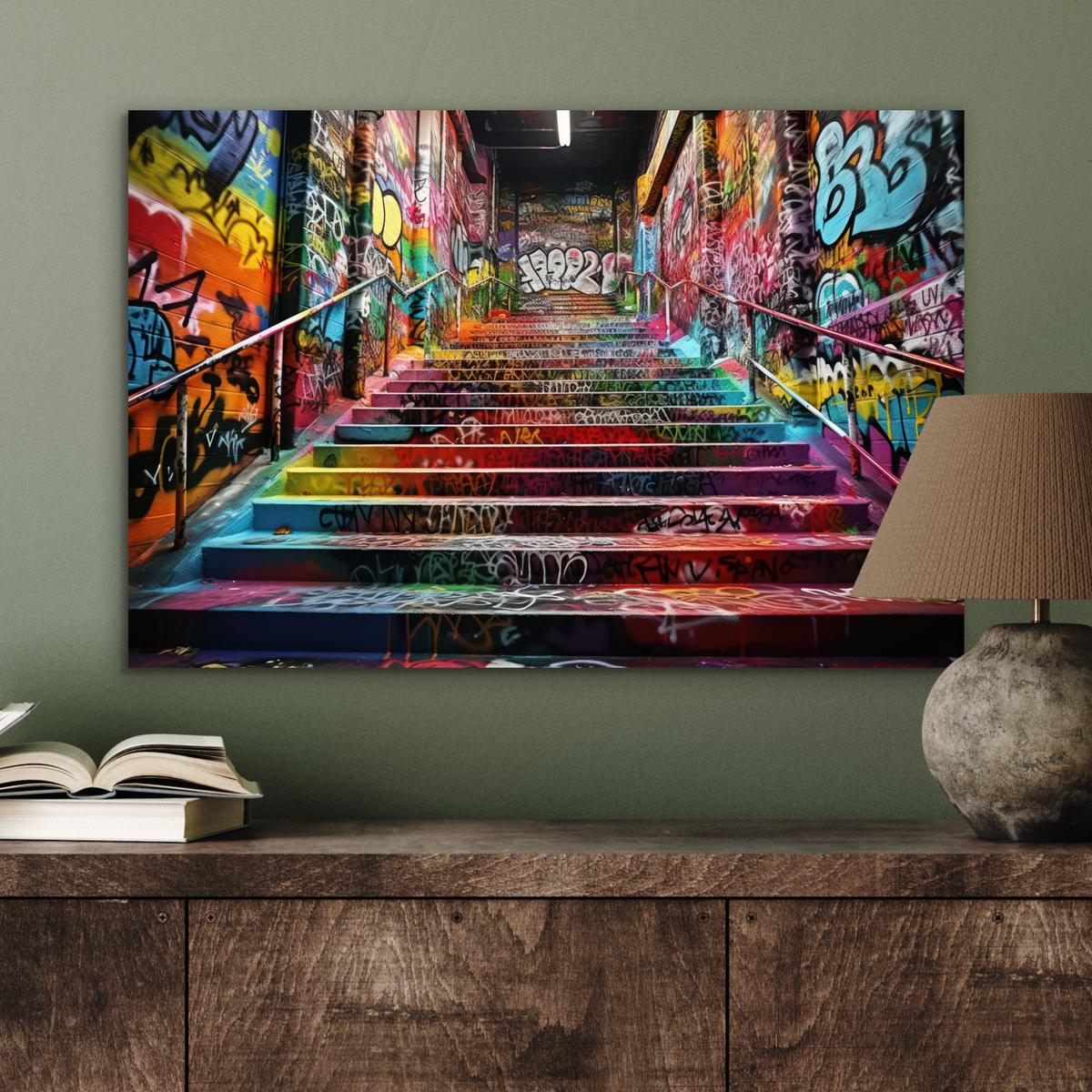 METALLBILD Treppe - Graffiti - Farben - Kunst Wandbild 60x40 cm - Multicolor, Metall (60/40cm) - MuchoWow