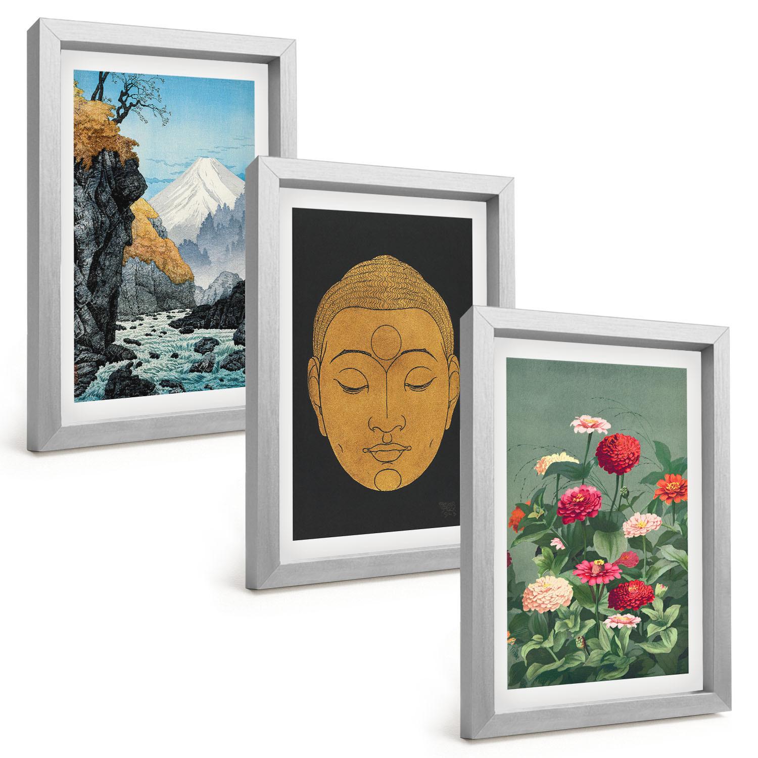 BILDER SET 3er Set - 20x30 cm Silberner Rahmen - Japanische Natur, Japandi-Kultur - Silberfarben, Kunststoff (20/30cm) - TULUP