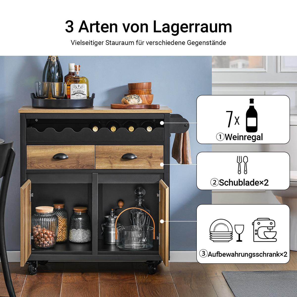 KÜCHENINSEL rollbar Vintagebraun-Schwarz - Schwarz, Holzwerkstoff/Metall (89/87/40cm) - SoBuy