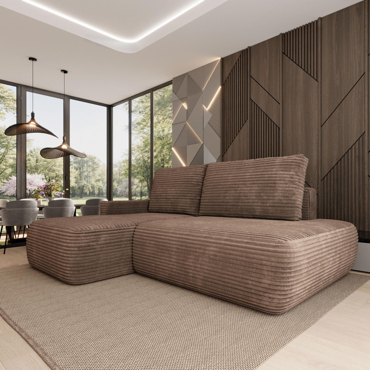 ECKSOFA AVINI T L-S Beige Kordstoff mit Schlaffunktion - Beige, Holzwerkstoff/Textil (277/160cm) - MASSENO